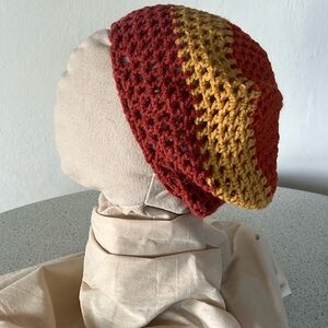 Crochet Mesh Beanie Tam in Rust, Orange, and Yellow